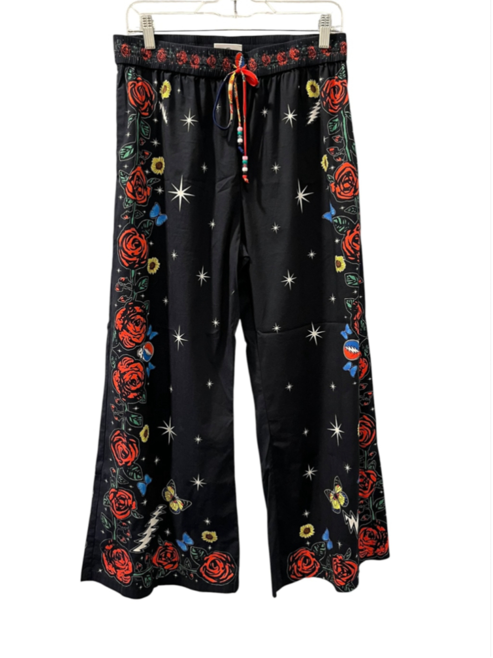 Grateful Dead x Meghan Fabulous Bertha Wide Leg Pants Black Stars Roses Size Med